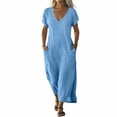 thumbnail image 3 of V Neck Short Sleeve Maxi Dress Casual Loose Fit Flowy Long Dress Sundress with Pockets for Summer Beach Vacation, 3 of 8