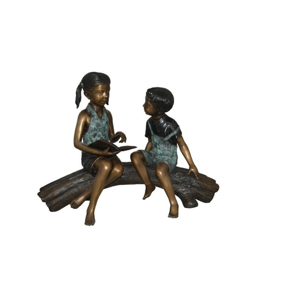 Boy and Girl on a tree log reading Bronze Statue -  Size: 37"L x 14"W x 27"H.