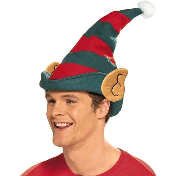 PMU Christmas Magical Elf Hat with Ears Felt Red/Green Stripes - Adult Size Hats for Women, Men, Funny Headwear and Caps Costume, Party Accessories, Plays, Photo Shoots (1/Pkg) Pkg/1