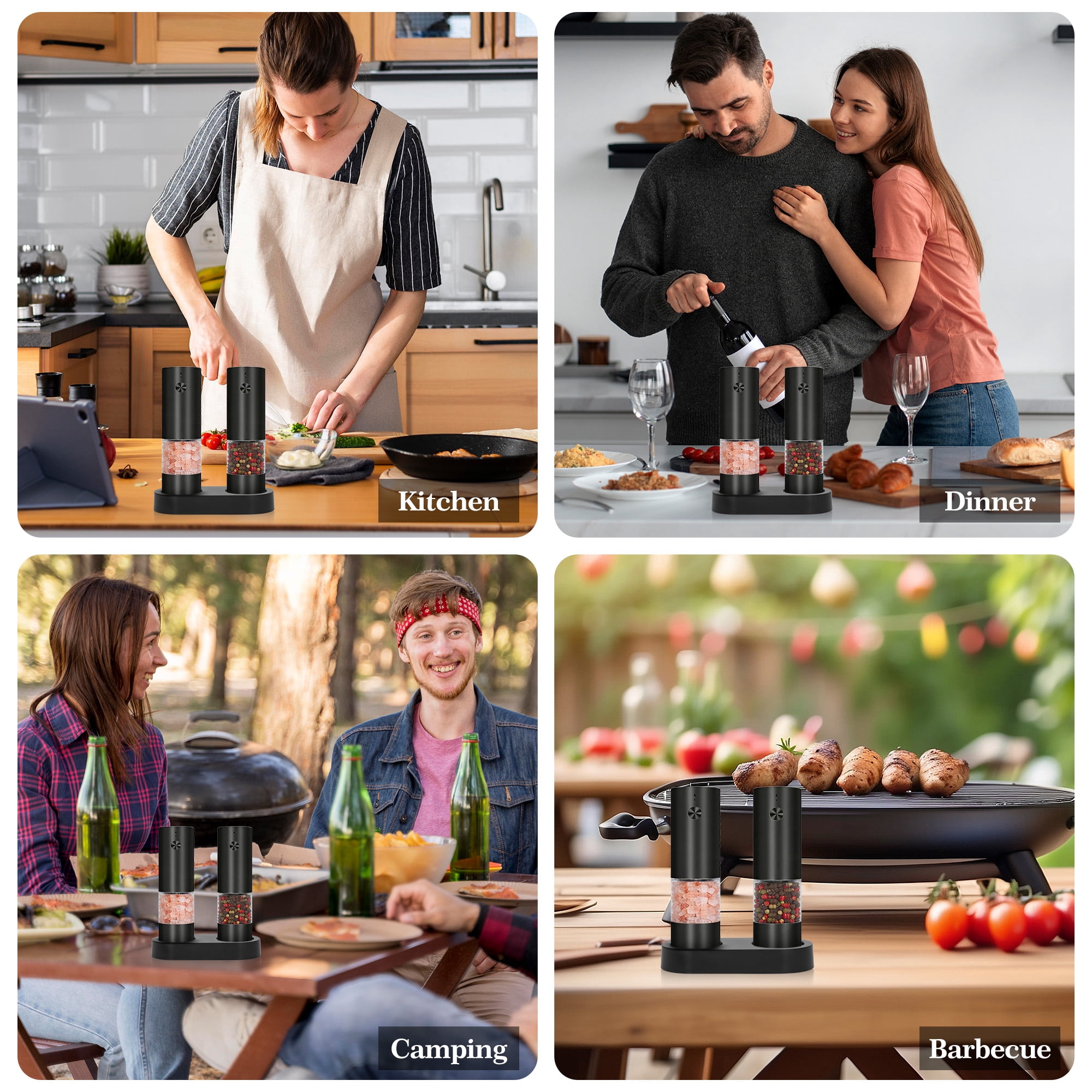 YOLETO Electric Pepper Grinder Set with Display Stand One Hand Operated USB C Rechargeable Adjustable Coarseness Ceramic Burr See Through Chamber (2 pack, Black)