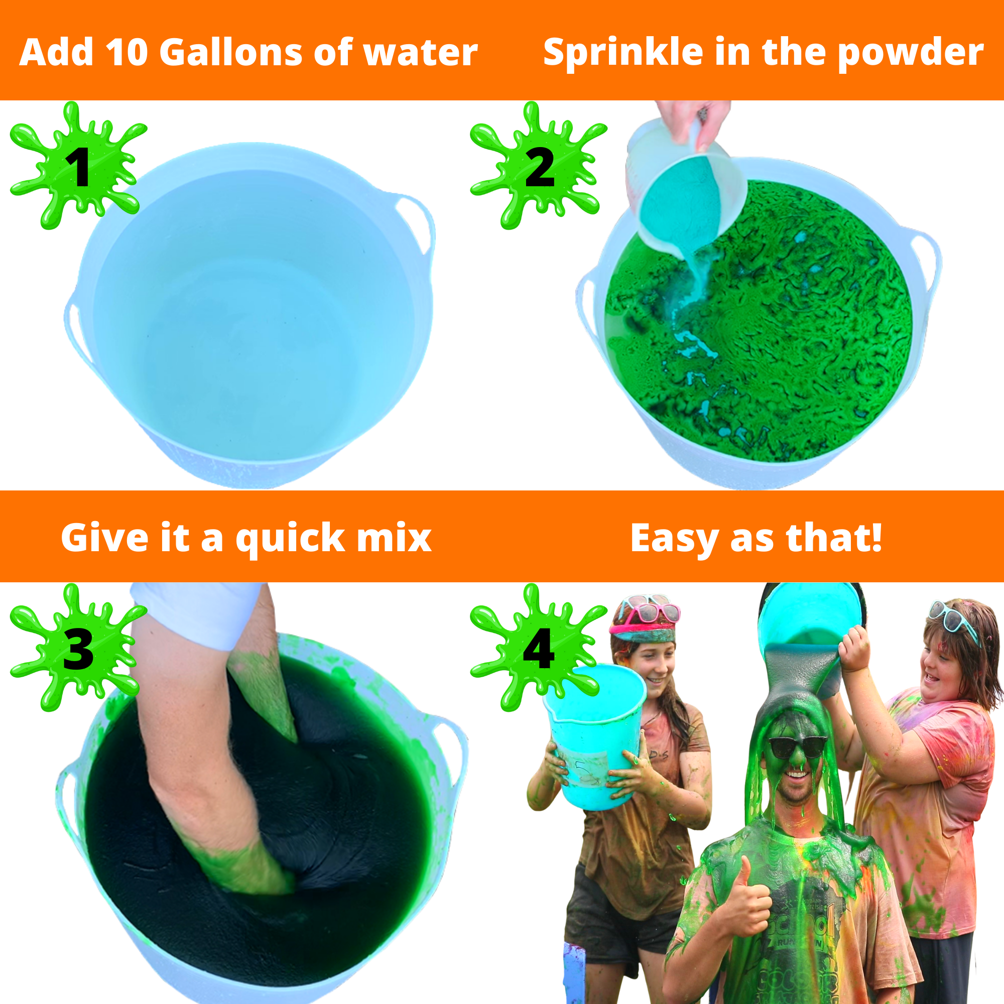 PARTY GOAT Instant Slime Powder for Slime Games & Color Runs, Bulk 4 Color Kit, 40 Gallons