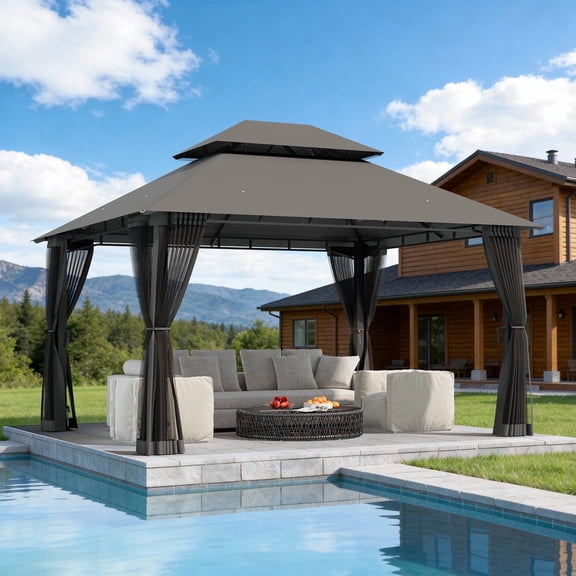 LazySunsets 12'x 10' Patio Gazebo Double Roof Protection All-Weather Outdoor Shelter Features Insect Screens for Backyard, Lawn, (Gray)