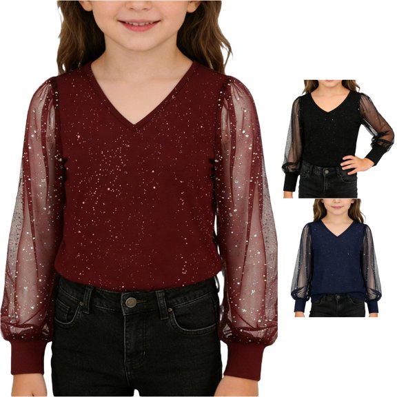 YMNXA Kids Girls Shirts Long Sleeve V Neck Sparkly Sequins Comfortable Breathable Loose Fit Blouse For Festive Celebration Party,WN,7-8 Years
