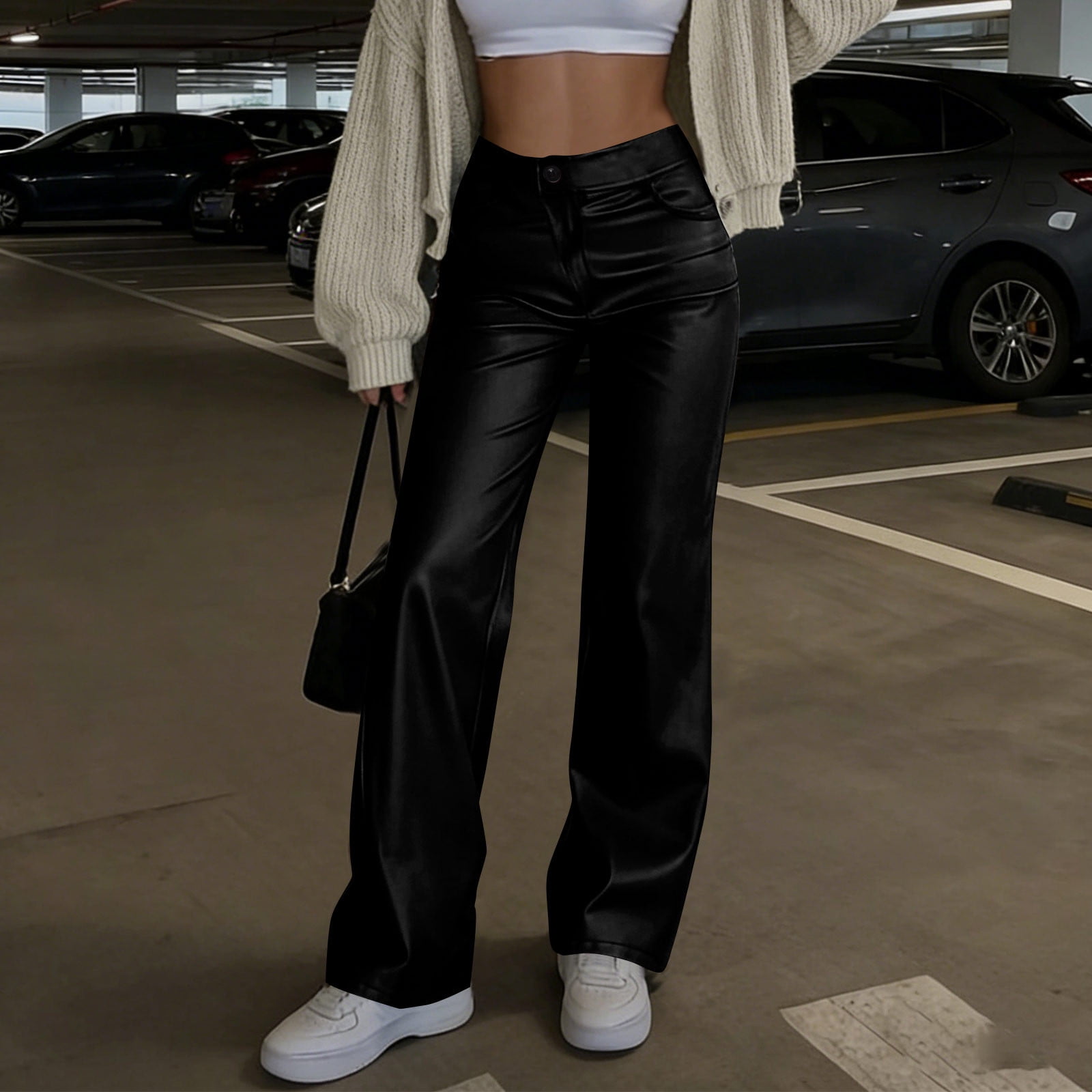 Moxiu Women's Faux Leather Straight Leg Trousers Button Elastic High Waisted Loose Casual Pants for Party Club Date Night Black,S