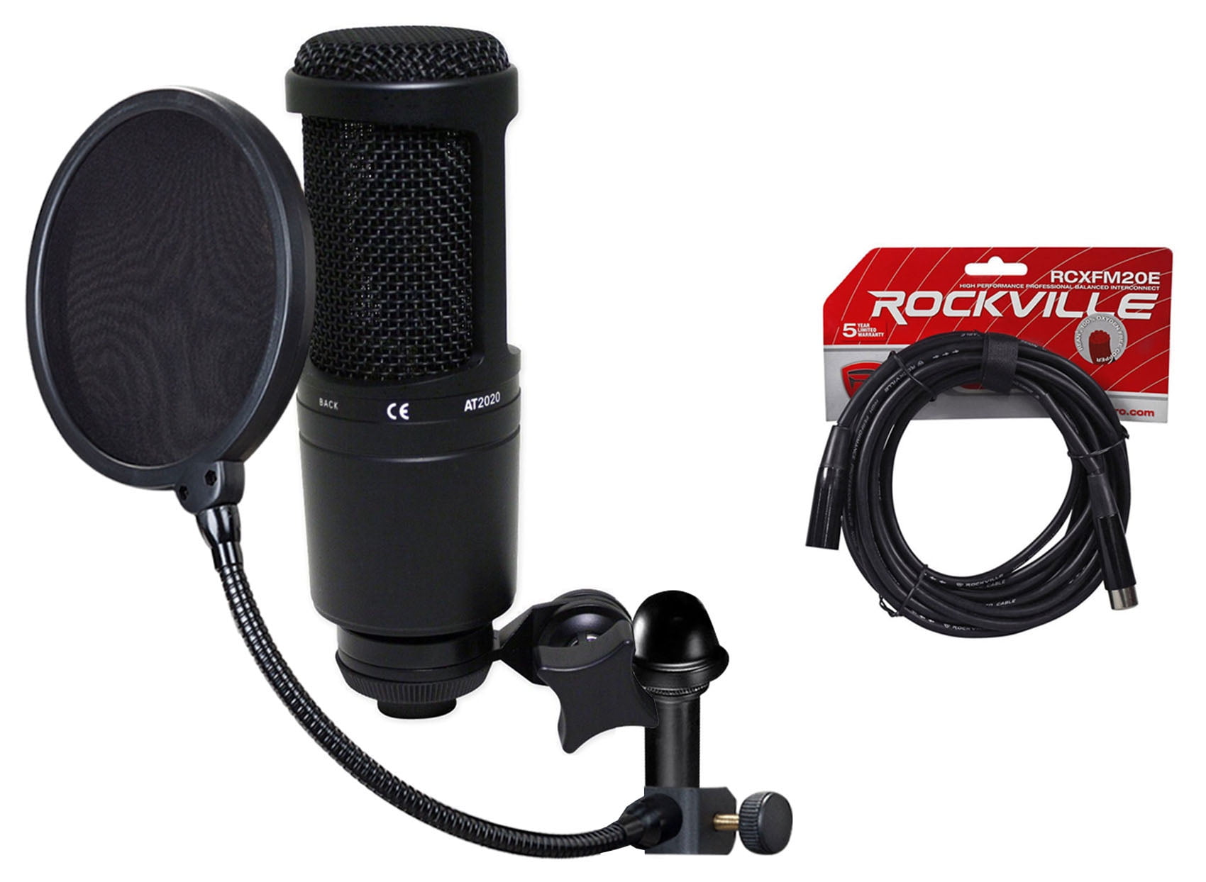 Audio Technica AT2020 Studio Recording Microphone Condenser Mic+Stand+Pop  Filter