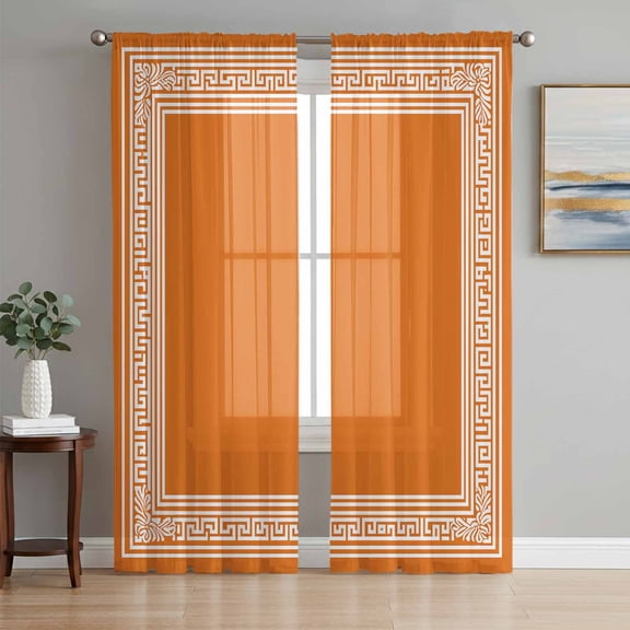 Sheer Curtains 63 Inches Long, Burnt Orange Geometric Light Filtering Window Curtains for Living Room/Bedroom, Country Greece Key Art Rod Pocket Voile Sheer Curtain Drapes, 52"W x 63"L, 2 Panels