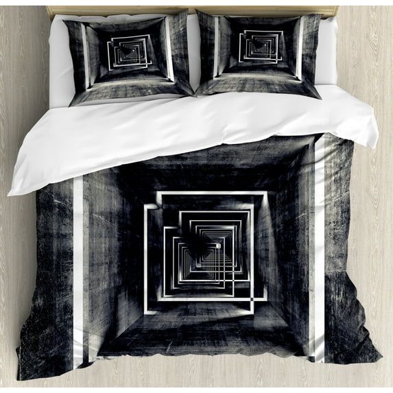 Dark Grey Duvet Cover Set King Size, Architecture Perspective Tunnel Interior Grungy Corridor Construction, Decorative 3 Piece Bedding Set with 2 Pillow Shams, Black Beige White, by Ambesonne