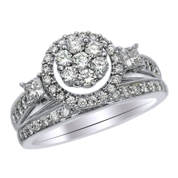 AFFY White Cubic Zirconia Cluster Frame Bridal Ring Set In 10k White Gold (1 Cttw)