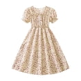 thumbnail image 3 of WEIWEN Flower Girl Dress Holiday Playwear Summer V Neck Puff Sleeve Floral Smocked Waist Party Flowy A Line Dresses Girls Clothes Beige, 8 Years, 3 of 8