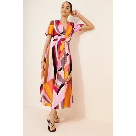Women's Floral V-Neck Puff Sleeve Smocked Waist Midi Dress with Side Slit, Sizes XS-XL