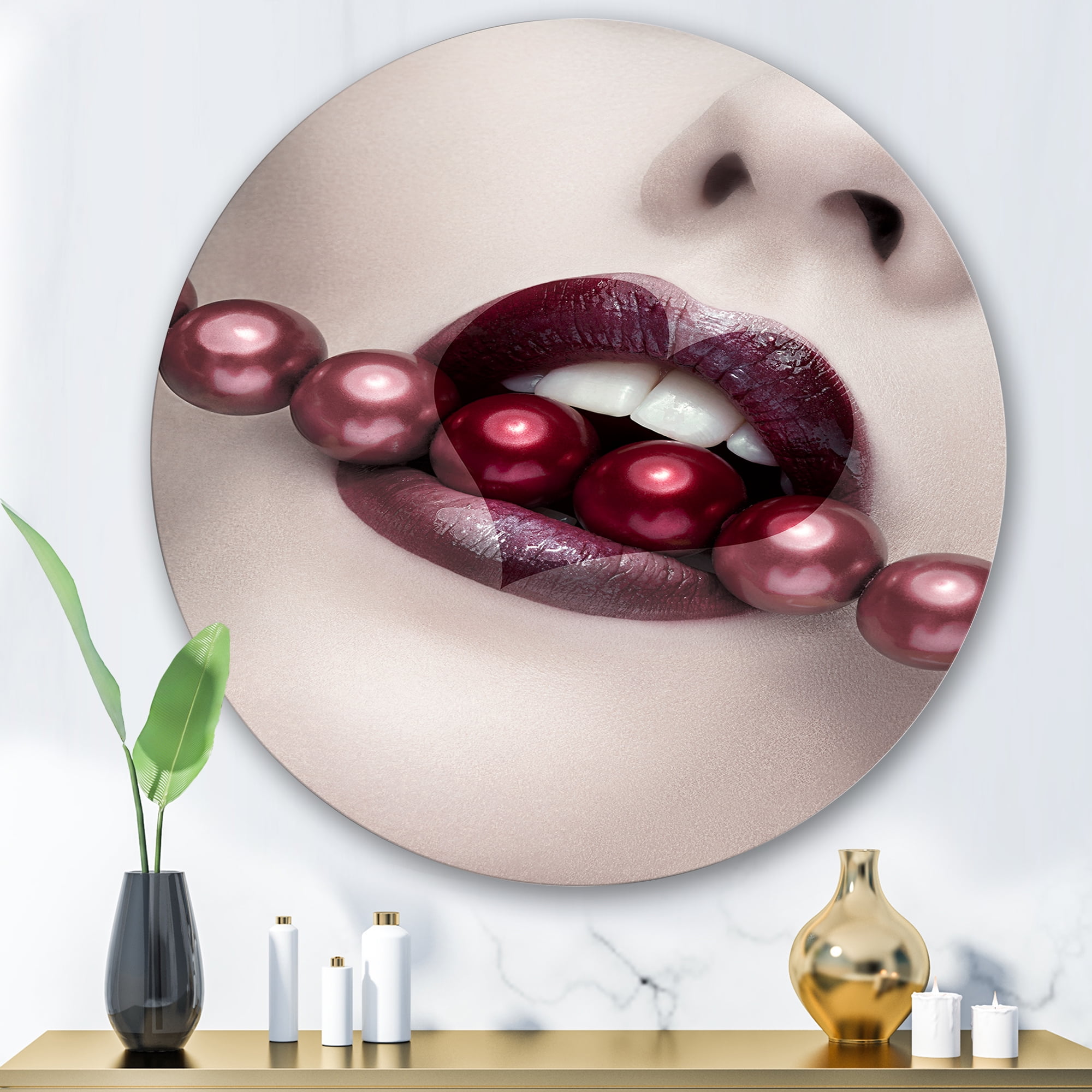 Designart 'Pearls Through Mouth With Heart Shape Lips' Modern Circle Metal Wall Art 36x36 - Disc of 36
