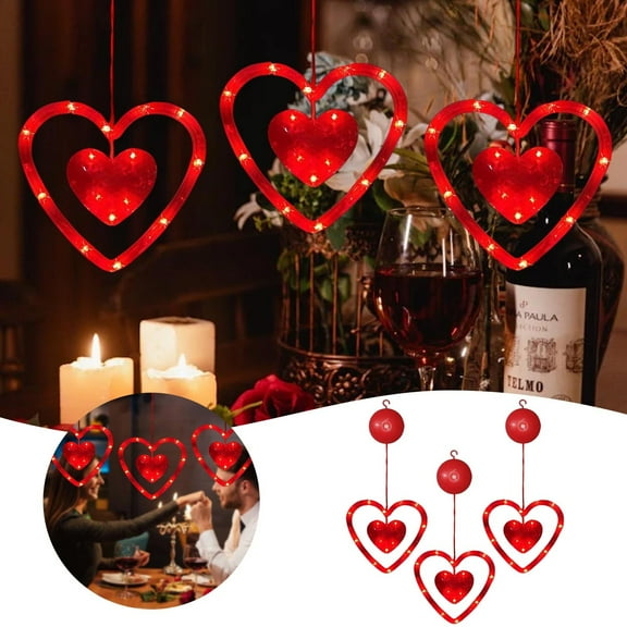 JHEHF 3 Pack Valentines Day Window Lights Hanging Red Love Heart Shaped Lights with Suction Cup LED Lamp for Fireplace Anniversary Wedding Holiday Indoor Home Decor