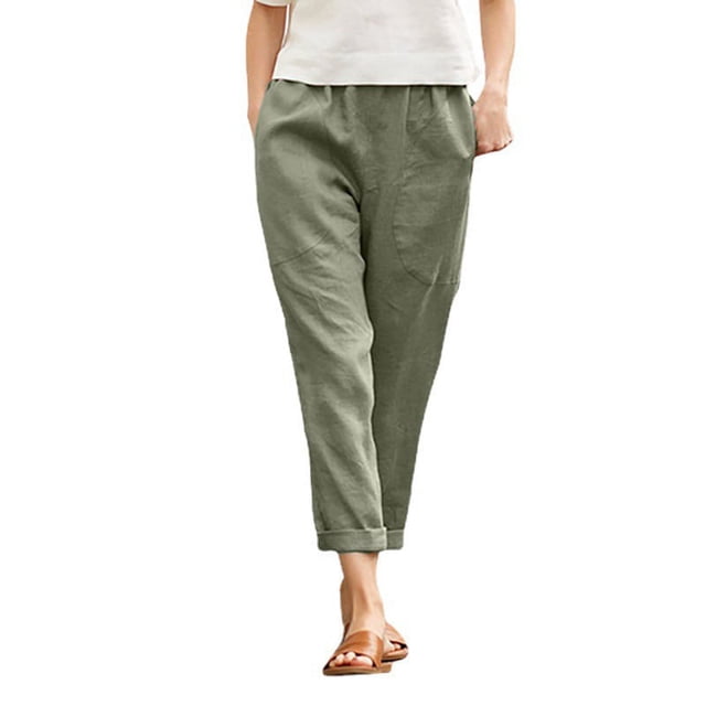 Pantalones rectos casuales de algodón y lino cómodos de color sólido con bolsillos grandes para mujeres europeas y americanas para mujeres