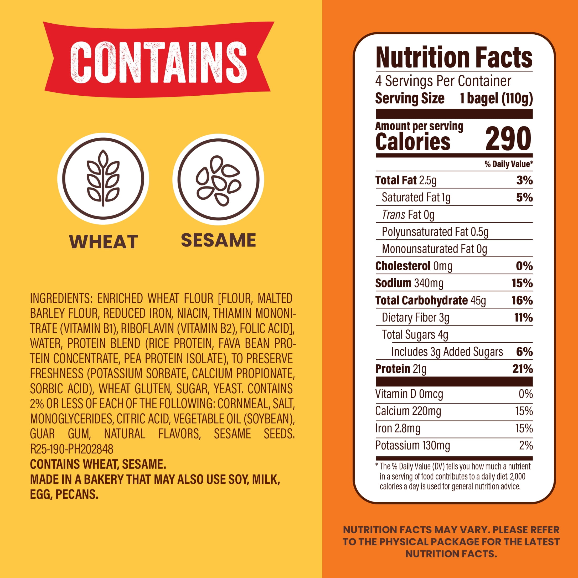 Thomas' High Protein Plain Bagels, 4 count, 21g Protein, Kosher Bagels, 15.5 oz Bag