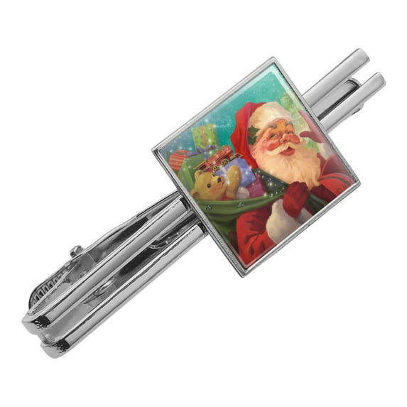 Christmas Holiday Jolly Happy Santa Claus Square Tie Bar Clip Clasp Tack- Silver or Gold