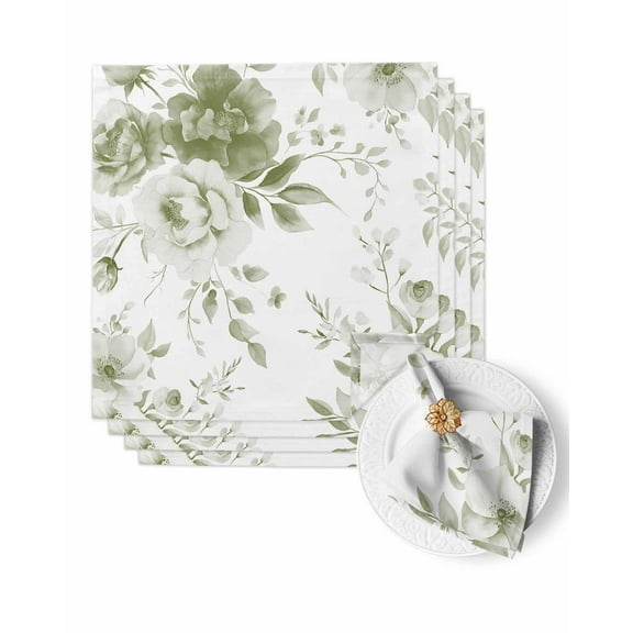 Cloth Napkins Vintage Sage Green Blossom Flower Washable Soft Kitchen Dinner Napkin Set of 4,Watercolor Floral Leaves Reusable Cocktail Napkins for Wedding Holiday Party Event,20x20In