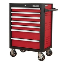 Witaxima 28inch 7 Drawer Tool Cabinet, Heavy-Duty Carbon Steel Rolling Tool Chest with Ball Bearing Sliders, 360° Wheels & Lock System, Black Red for Garage/Workshop