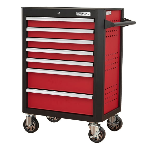 Witaxima 28inch 7 Drawer Tool Cabinet, Heavy-Duty Carbon Steel Rolling Tool Chest with Ball Bearing Sliders, 360° Wheels & Lock System, Black Red for Garage/Workshop