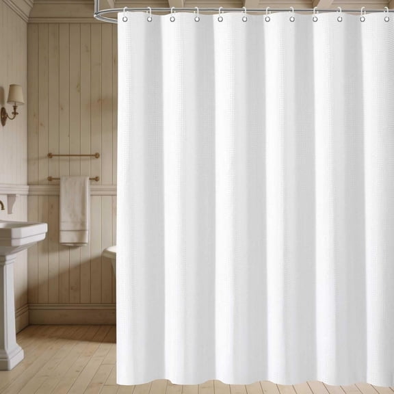 Modern White Shower Curtain Waffle Textured Fabric Shower Curtains for Bathroom Fabric Bath Curtain Set with Hooks 72x72 Inch