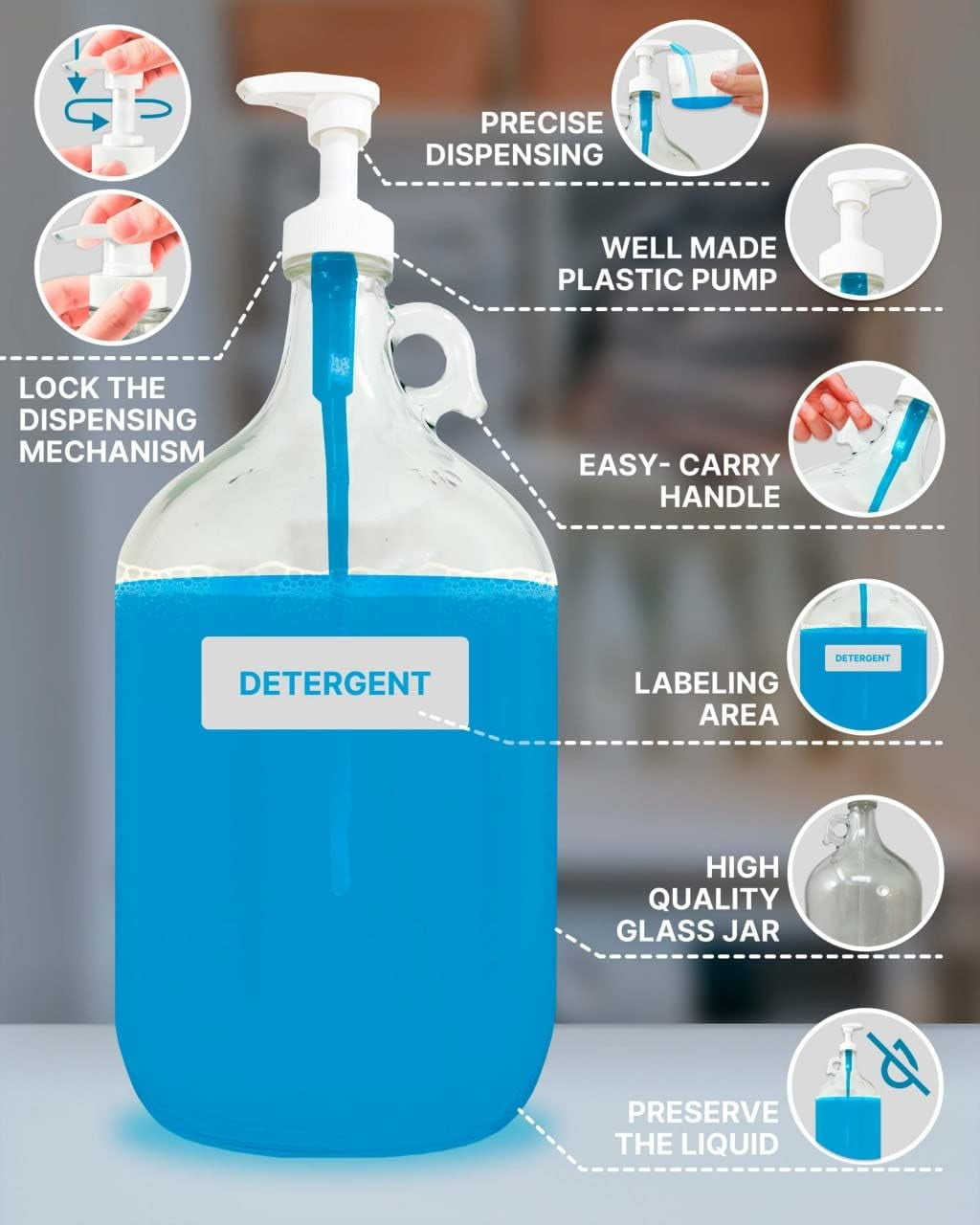 Skywin Gallon Pump Dispenser - 2 Pack Glass Laundry Detergent Dispenser for Laundry Room good as Laundry Detergent Dispenser Glass Jar, Fabric Softener Dispenser, Liquid Laundry Soap Dispenser (White)