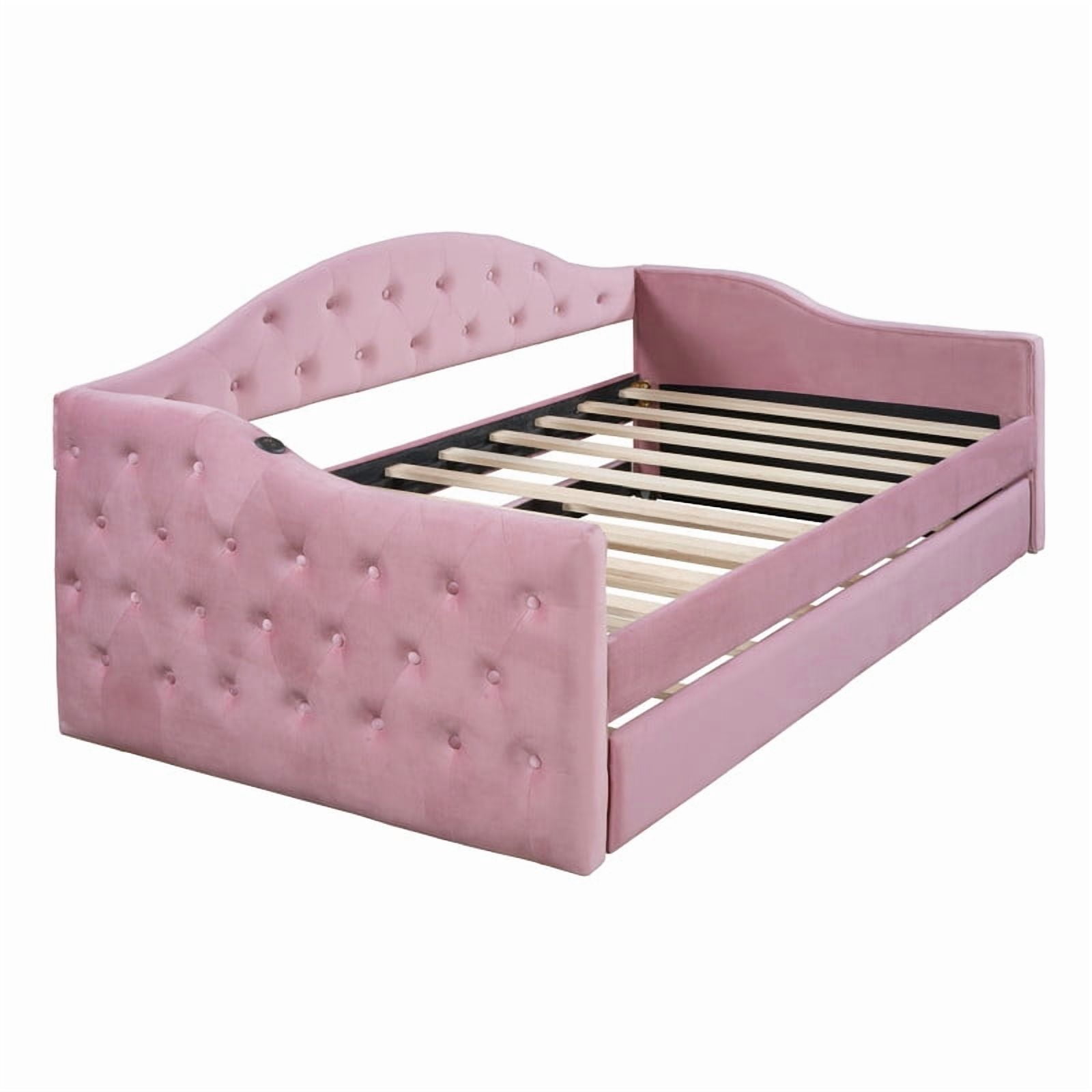 Twin Size Tufted Daybed with Trundle & Backrest, Velvet Upholstered Sofa Bed Frame with USB & Type-C Ports