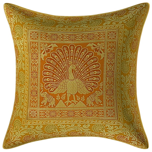 Stylo Culture Indian Decorative Sofa Brocade Mustard Yellow And Gold Throw Pillow Covers 16x16 Jacquard Weave Banarasi Throw Pillowcase Dancing Peacock Floral 40x40 cm Cushion Covers (1 Pc)