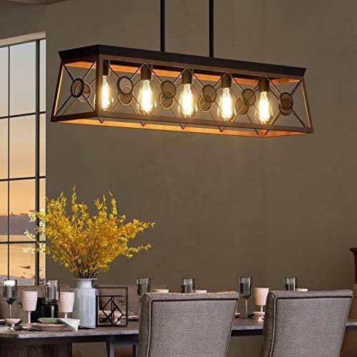 5-Light Kitchen Island Pendant Lighting, Farmhouse Dining Room Light Fixtures, 38” Linear Chandelier with Brown & Dark Wood Painting