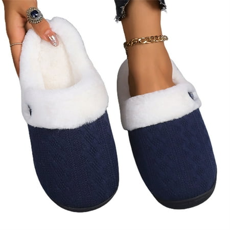 

Women s Slip on Fuzzy House Slippers Memory Foam Slippers Scuff Outdoor Indoor Warm Plush Bedroom Shoes with Faux Fur Lining (42-43cm Navy blue)