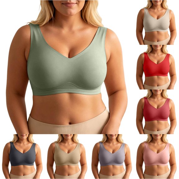 VBEWZET Women Plus‑Size Wire‑Free Bra V‑Neck Wide Strap Anti‑Sag Large Bust Shaping Comfort Brassiere Dark Green XXL