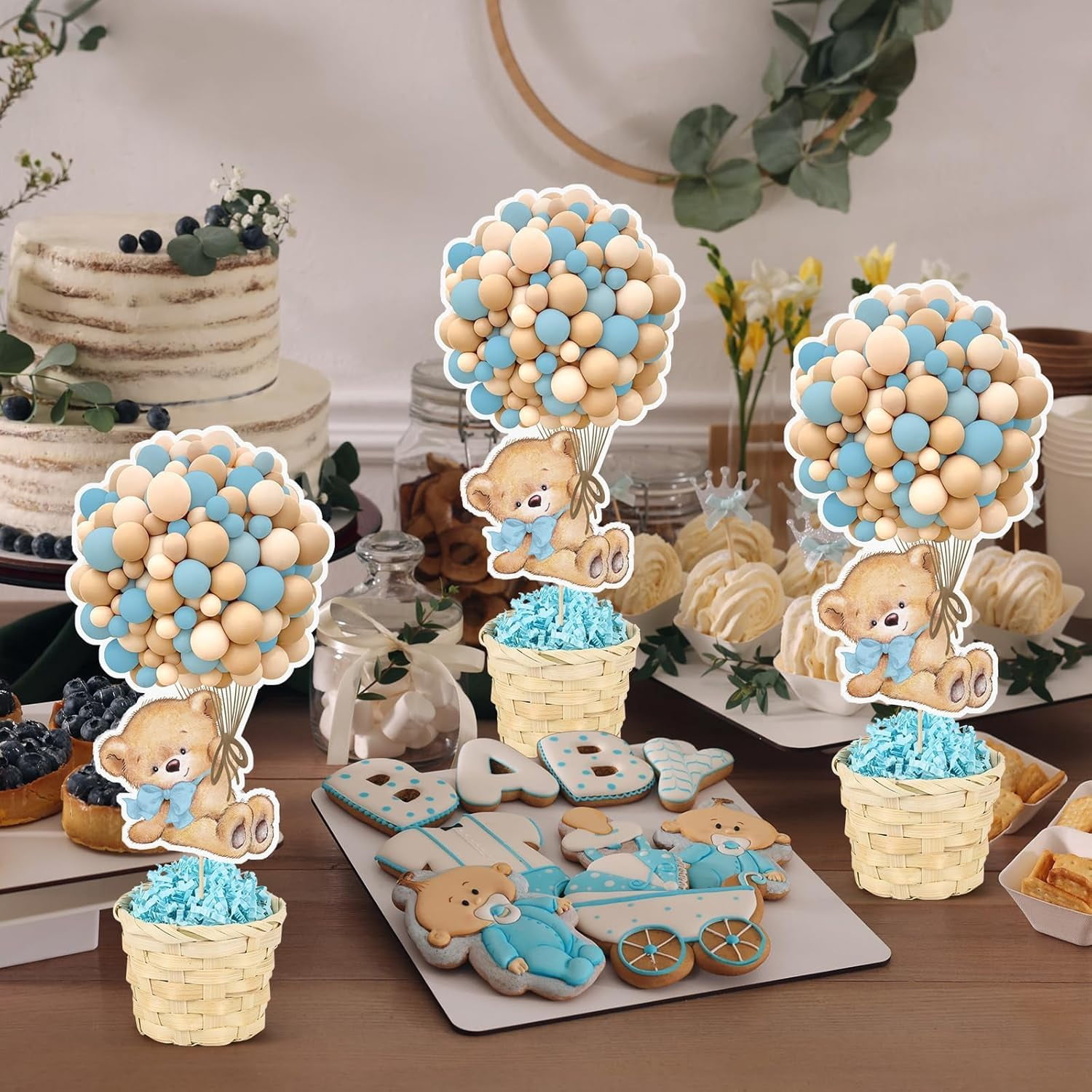 6 Set Blue Baby Shower Table Centerpieces Decortion Hot Air Balloon Cute Babys Bear with Bamboo Basket Lafite Garss Welcome Oh Baby We Can Bearly Wait Boy Or Girl Gender Reveal Party Favor