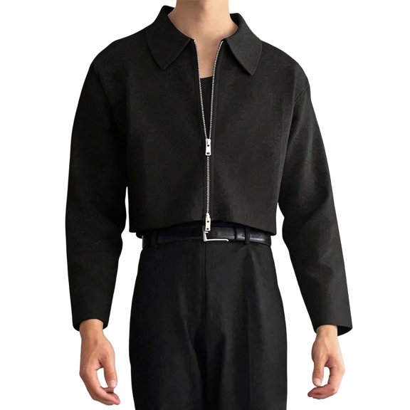 Guluxicc Men's Cropped Jackets Full Zipper Collared Long Sleeve Solid Dressy Jackets for Everyday Fall Winter