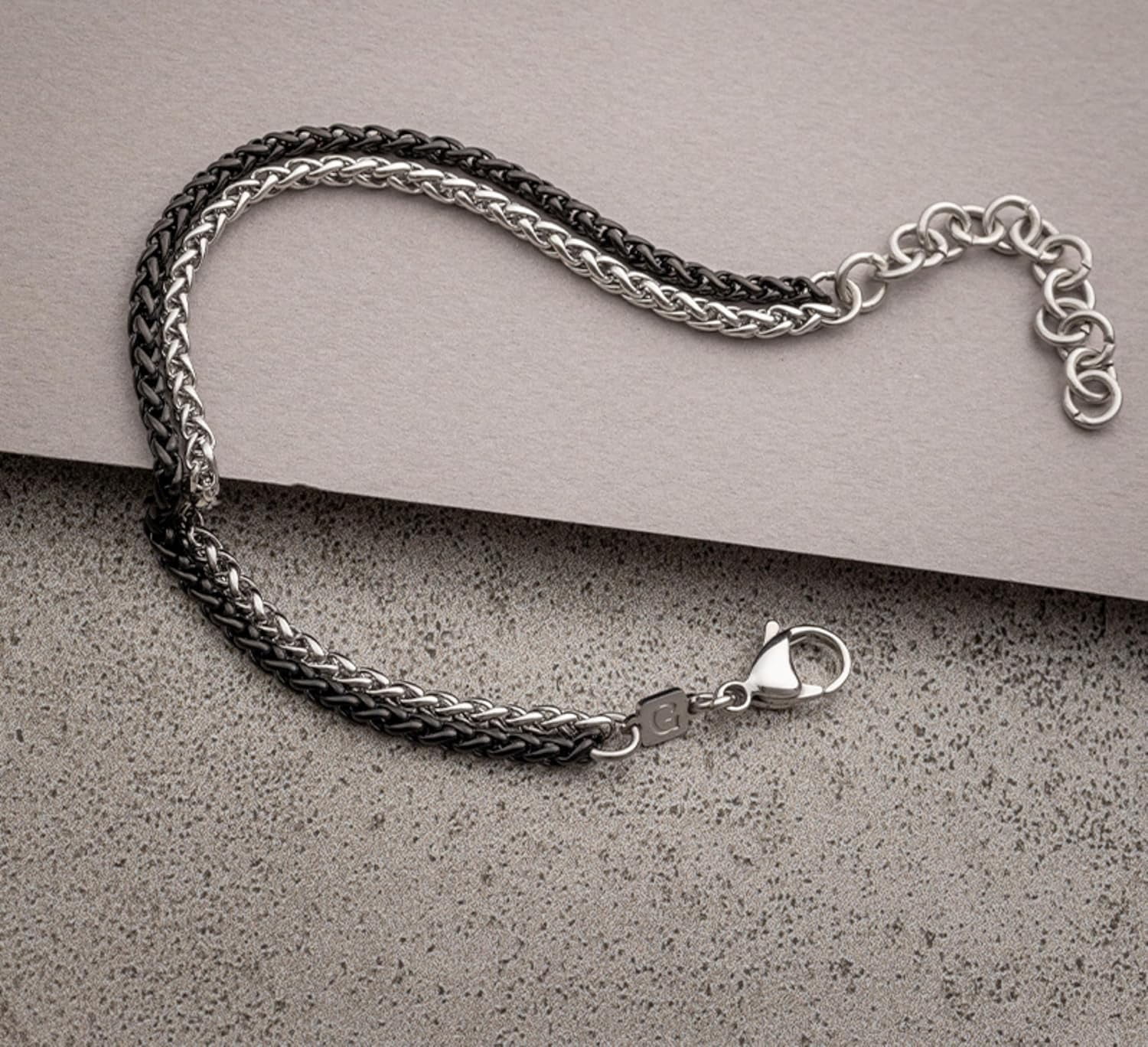 Mens Bracelet,Stainless Steel for Men, Non Tarnish Rope Chain Bracelets, Stylish Birthday Gift for Boys, Dad, Son, Boyfriend - Silver & Black 7"