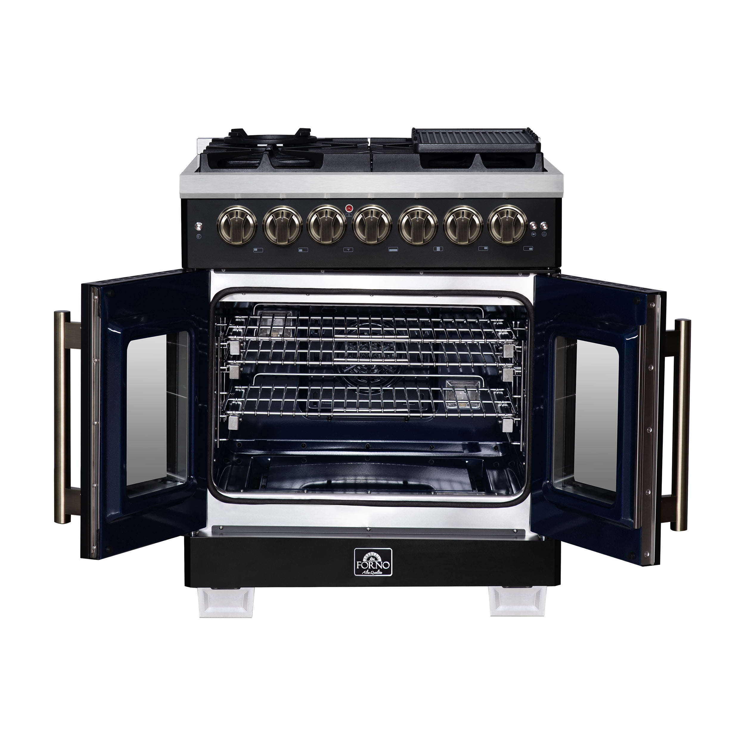 Forno Capriasca 30-Inch Freestanding French Door Dual Fuel Range in Black with Antique Brass Accessories, 5 Burners, True Convection Oven