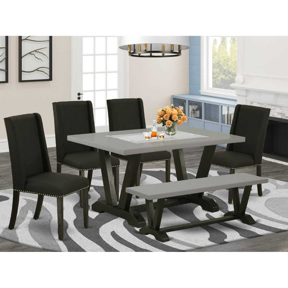 East West Furniture 6-Pc Dinette Table Set-Black Linen Fabric Seat and Button Tufted Chair Back Upholstered Dining chairs, A Rectangular Bench and Rectangular Top Wood Kitchen Table with Wood Legs...