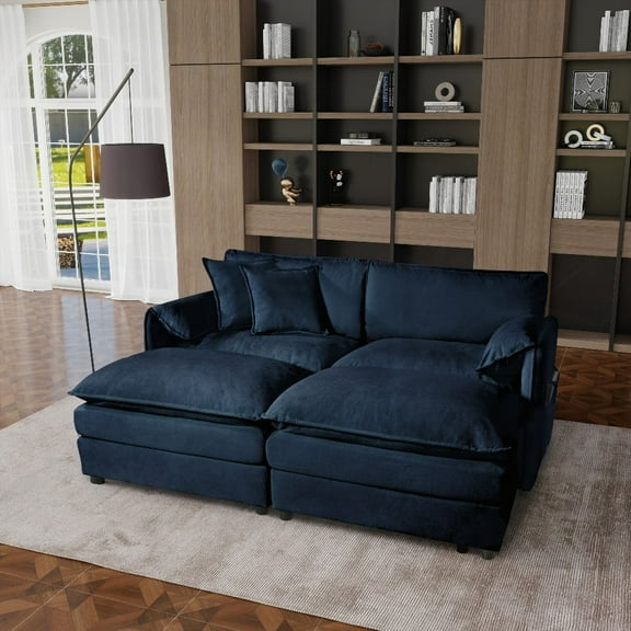 Deep Seat Sectional Cloud Sofa with 2 Ottomans & Soft Pillows, Loveseat Modular Couch for Living Room, DIY Combination in Blue - Spacious & Cozy Seating