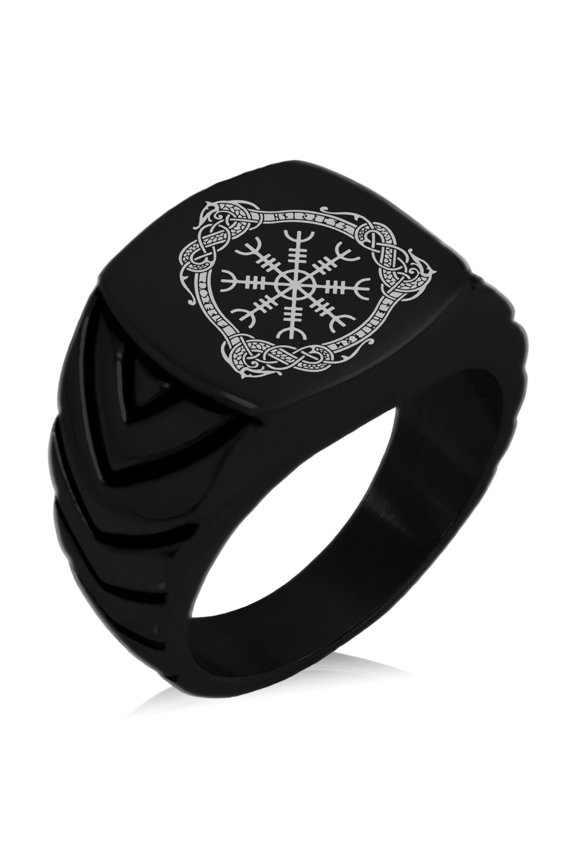 Stainless Steel Aegishjalmur Awe & Terror Helm Viking Rune Chevron Pattern Biker Style Polished Ring