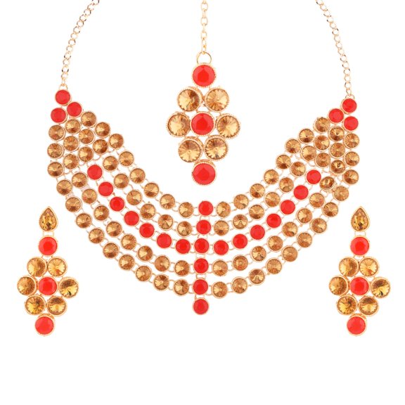 Efulgenz Indian Jewelry Choker Kundan Crystal Multi Layered Necklace Earrings Maang Tikka Head Chain Bollywood Wedding Bridal Set