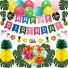 THAWAY Hawaiian Flamingo Pineapple Decor Luau Party Supplies Birthday Decorations includes Birthday Banner, Artificial Tropical Palm Leaves, Hibiscus Flowers, Tissue Paper Pineapples, Party