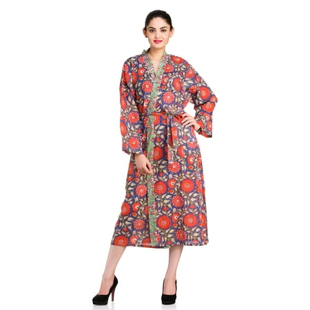 Handicraft-Palace Cotton Hand Block Printed Sleepwear Free Size Kimono Bikini Lingerie Cover Up WomenS Robe (Blue)