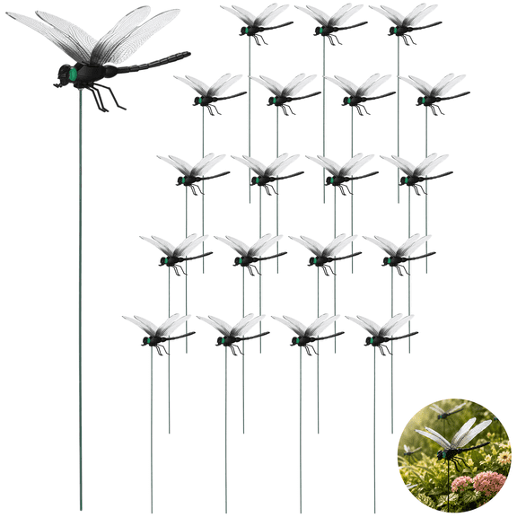 20 Pcs Black Dragonfly Decorative Stakes, Lifelike Wingspan 3D Fake Dragon Flies with Sticks, Waterproof Decorative Dragonflies for Outdoor Garden Plant Pot, Yard Decor