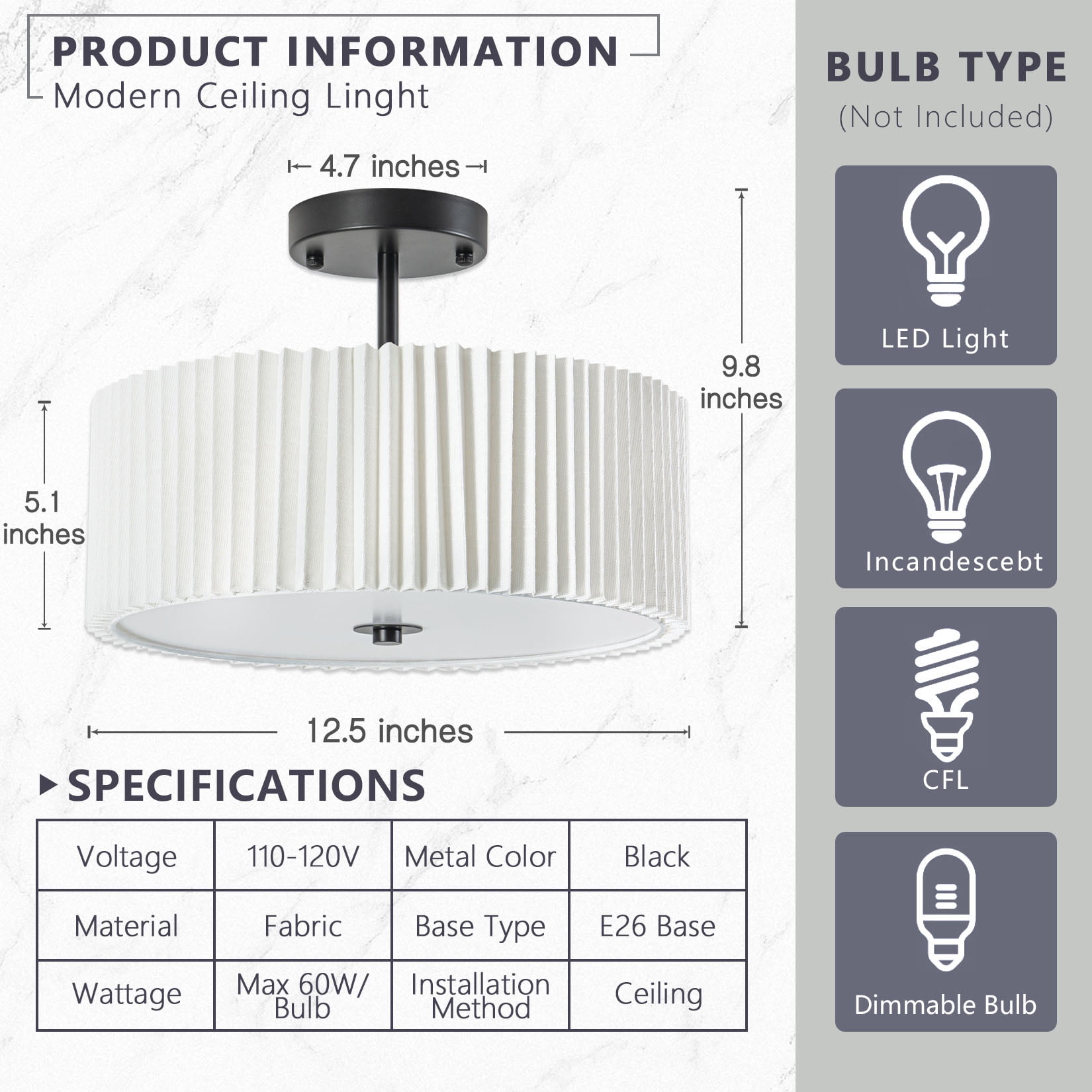 BESTOMINE Semi Flush Mount Ceiling Light,12.5 inch Ceiling Light Fixture,Black Flush Mount Light Fixture with Pleated Fabric Drum Shade,Light Fixtures Ceiling Mount for Bedroom,Living Room,Hallway