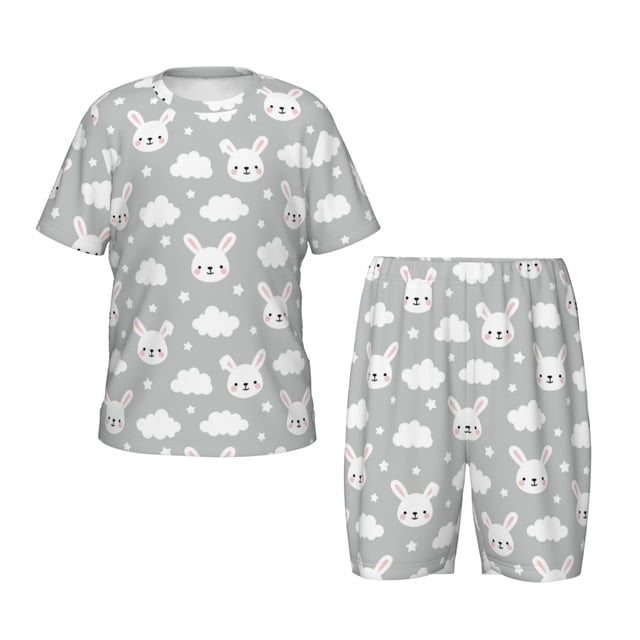 Xecao Rabbit And Cloud Pattern Short-Sleeved Pajama Set for Kids Soft Cotton-Like Sleepwear with Elastic Waistband and Side Pockets for Boys and Girls-Small