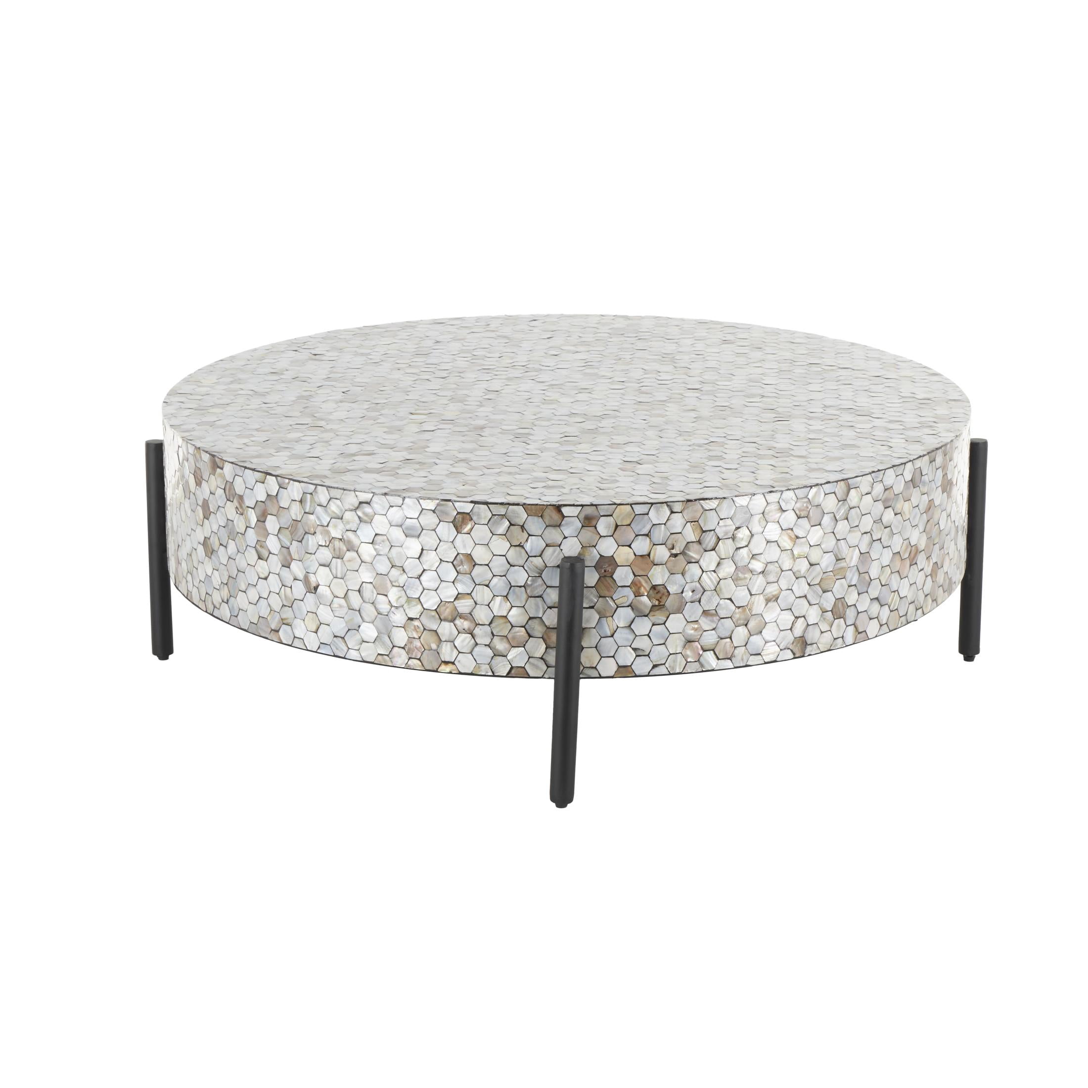DecMode 38" x 13" Gray Mother of Pearl Shell Handmade Mosaic Inlay Geometric Coffee Table with Black Metal Legs, 1-Piece