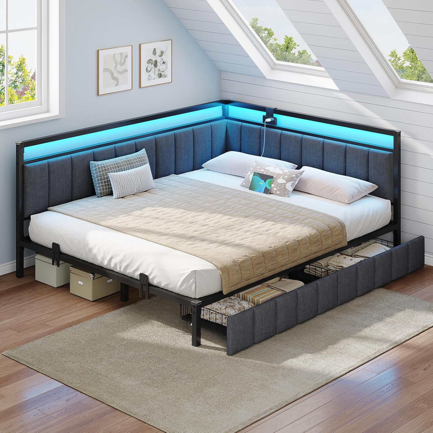 Queen Size Corner Bed Frame with 2 Storage Drawers&Charging Station&LED Lights, Queen Upholstered Platform Bed Frame Daybed for Bedroom, Gray