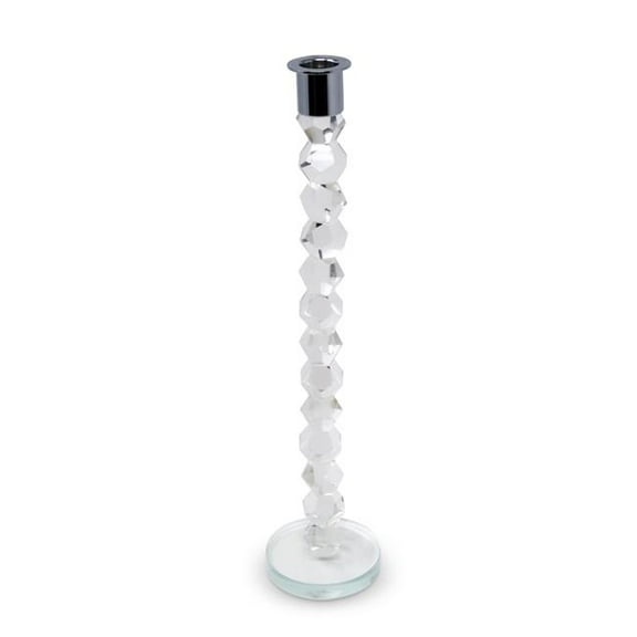 HomeRoots 590225 14 in. Clear & Silver Geo Stacks Crystal Tabletop Taper Candlestick