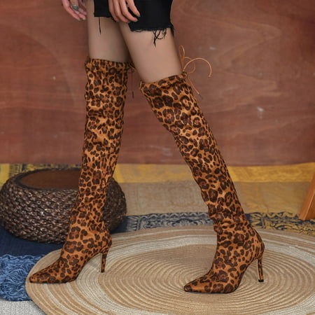 

Thin Pattern Shoes Leopard The Knee Pointed Toe Boots Heels Women High Over Women s Boots