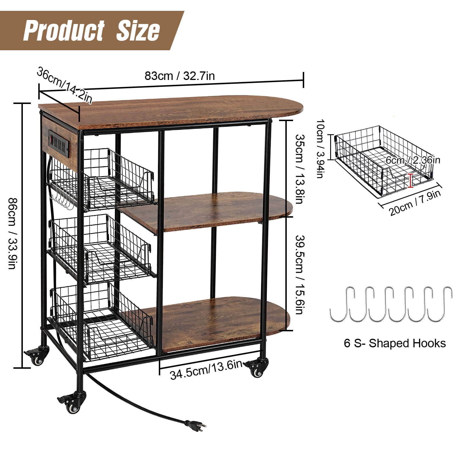 ZZBIQS Bakers Rack with Power Outlet,Rolling Kitchen Island on Wheels for Oven Microwaves,Coffee Bar Table Storage Shelves, 32.7*14.2*33.9 inches,Brown