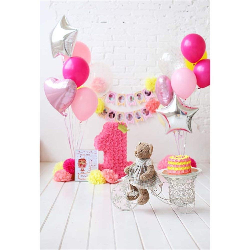 ABPHOTO Polyester Baby Girl's 1st Birthday Photography Backdrop White Brick  Wall Pink Balloons Cake Toy Bear One Year Old Celebration Party Photo Booth  Background 5x7ft 