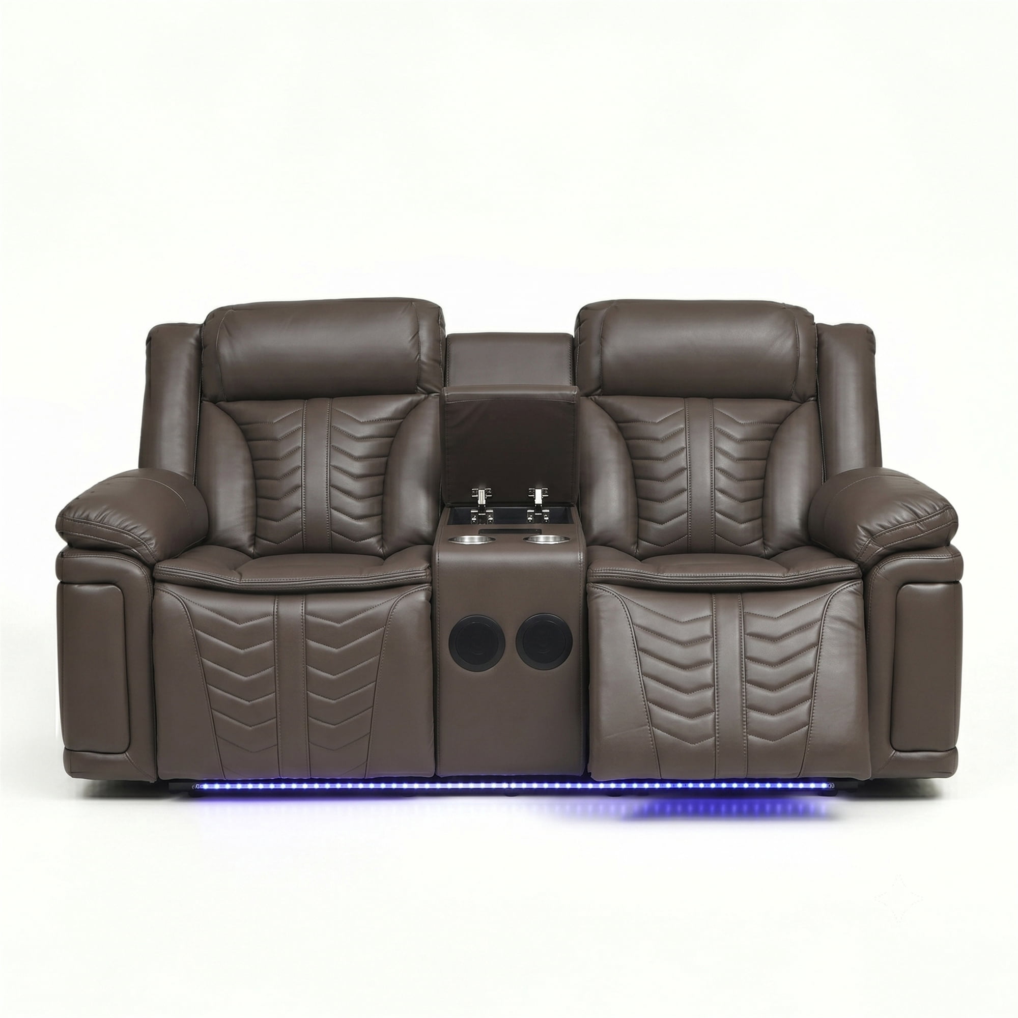 Electra Luxury Power Reclining Loveseat - Dark Brown Faux Leather Motion Console Couch with Built-In Bluetooth Speakers, Storage, Cup Holders, and Cinematic LED Lighting