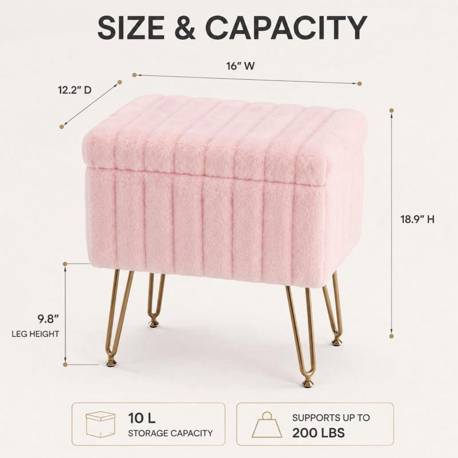 BEAUTYPEAK Vanity Stool with Storage Faux Fur Padded Makeup Ottoman with Gold Metal Legs and Adjustable Feet 18.9" Footstool, Pink